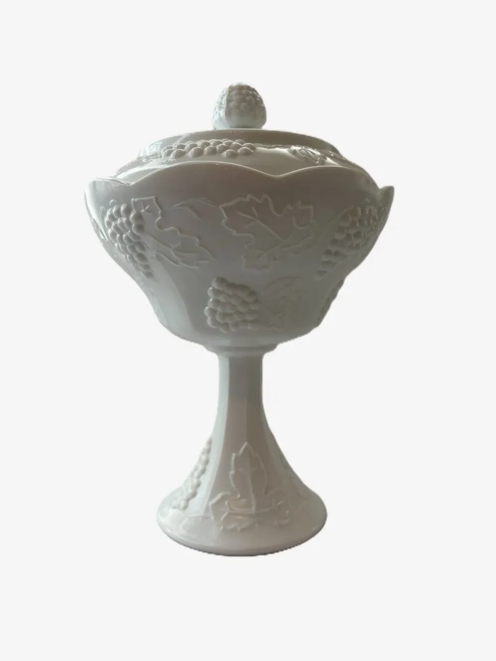 Vintage Indiana Glass Harvest Grape Milk Glass Covered Pedestal Compote